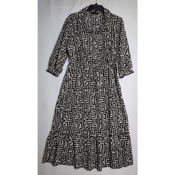 STELLA & JULIE Womens Black tan geometric pattern 3/4 sleeve Midi dress size 14W - Picture 1 of 8